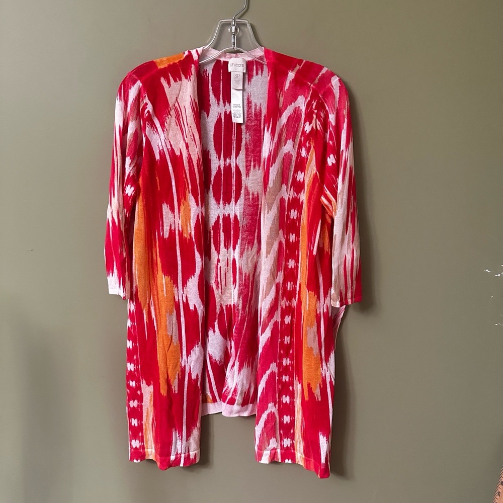 Chicos Sz‎ 3P Cardigan Red Bright Colorful Pattern Open Front Resort Tie Dye